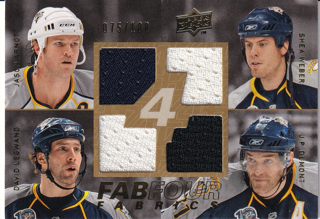2008-09 Upper Deck Hockey Fab Four Fabrics #/100 #FF-NAS Nashville Predators (Jason Arnott / Shea Weber / J.P. Dumont / David Legwand MEM, SN100)