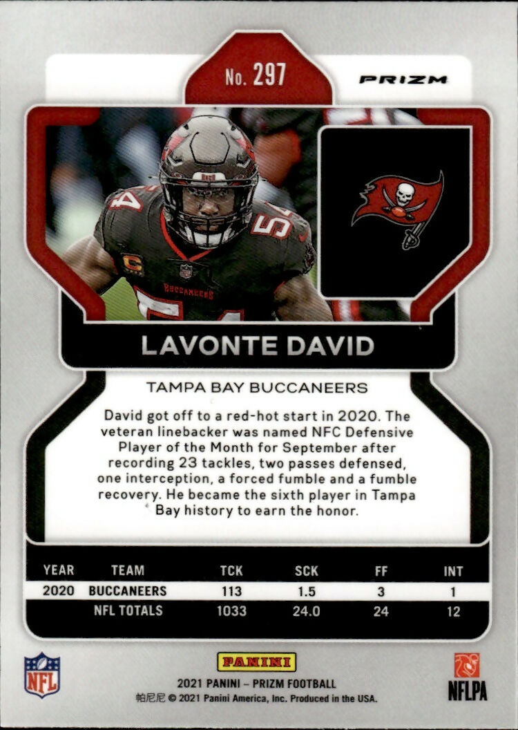 2021 Panini Prizm Football Base - Red White And Blue Prizm #297 Lavonte David Tampa Bay Buccaneers - B