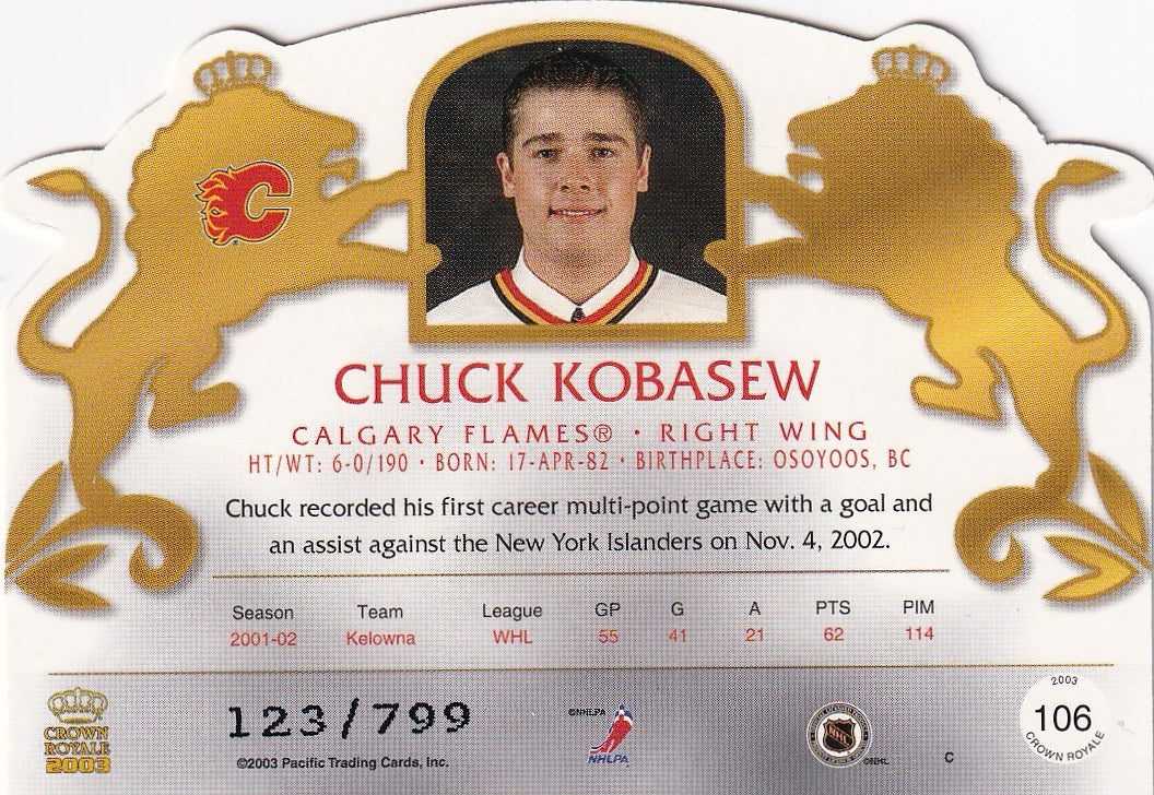 2002-03 Pacific Crown Royale Hockey Rookie #/2299 #106 Calgary Flames, Chuck Kobasew