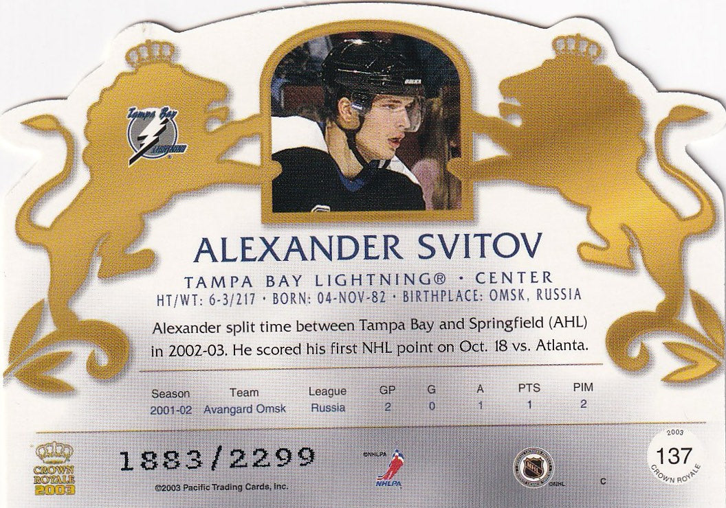 2002-03 Pacific Crown Royale Hockey Rookie #/2299 #137 Tampa Bay Lightning, Alexander Svitov