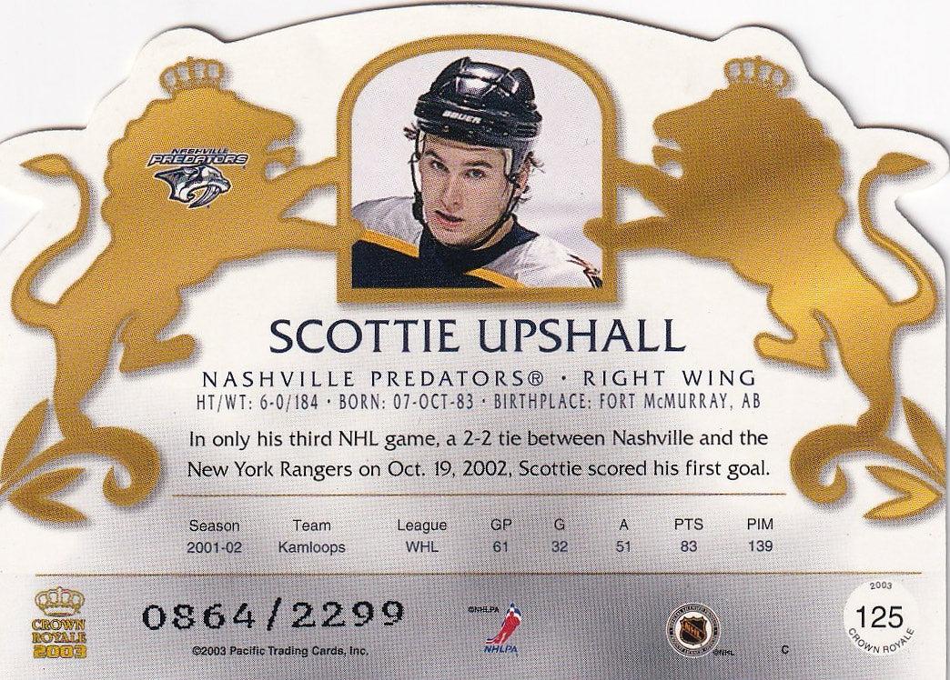 2002-03 Pacific Crown Royale Hockey Rookie #/2299 #125 Nashville Predators, Scottie Upshall