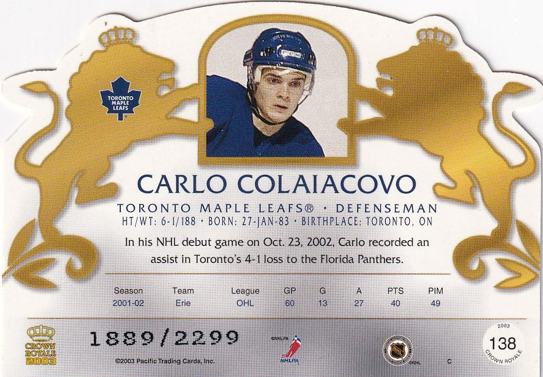 2002-03 Pacific Crown Royale Hockey Rookie #/2299 #138 Toronto Maple Leafs, Carlo Colaiacovo