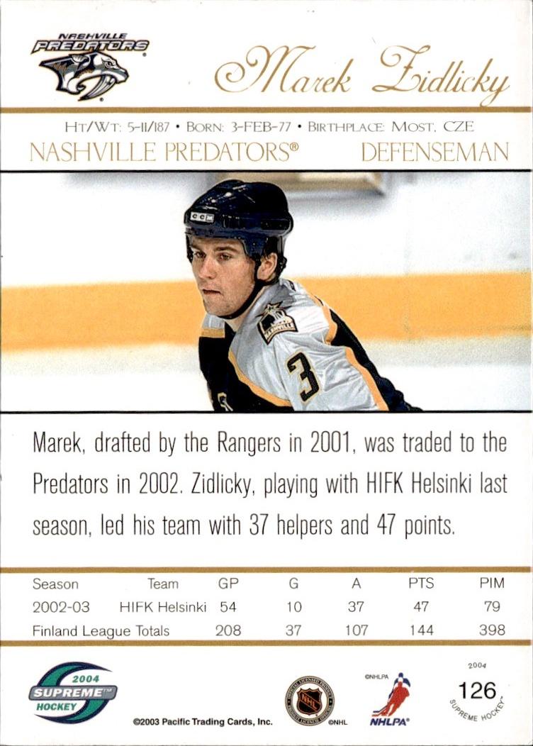 2003-04 Pacific Supreme - Retail Hockey Rookie #126 Nashville Predators (Marek Zidlicky)