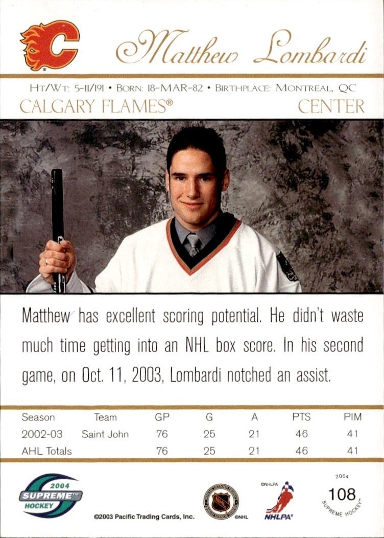 2003-04 Pacific Supreme - Retail Hockey Rookie #108 Calgary Flames (Matthew Lombardi)
