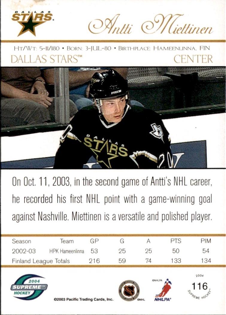2003-04 Pacific Supreme - Retail Hockey Rookie #116 Dallas Stars (Antti Miettinen)