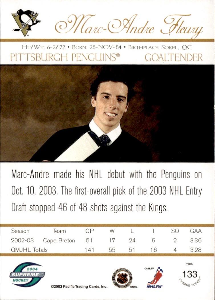 2003-04 Pacific Supreme - Retail Hockey Rookie #133 Pittsburgh Penguins (Marc-Andre Fleury)