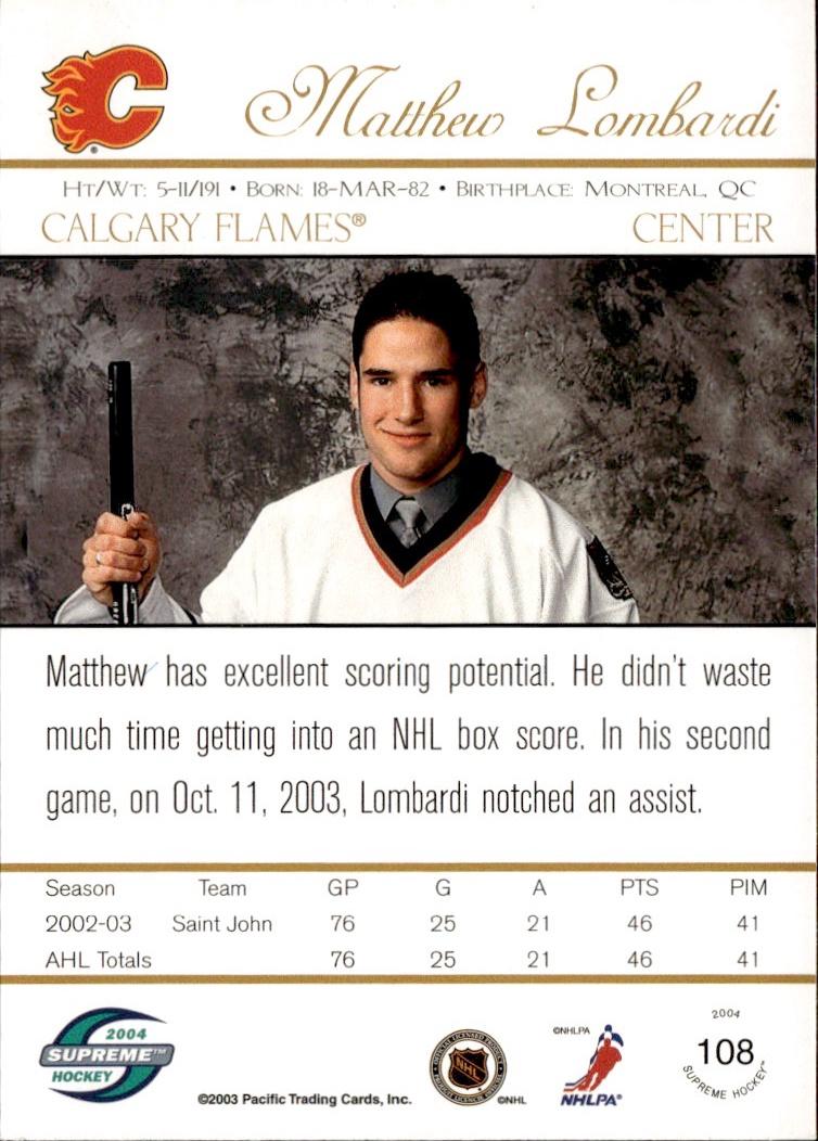 2003-04 Pacific Supreme Hockey Blue Rookie #/250 #108 Calgary Flames (Matthew Lombardi)