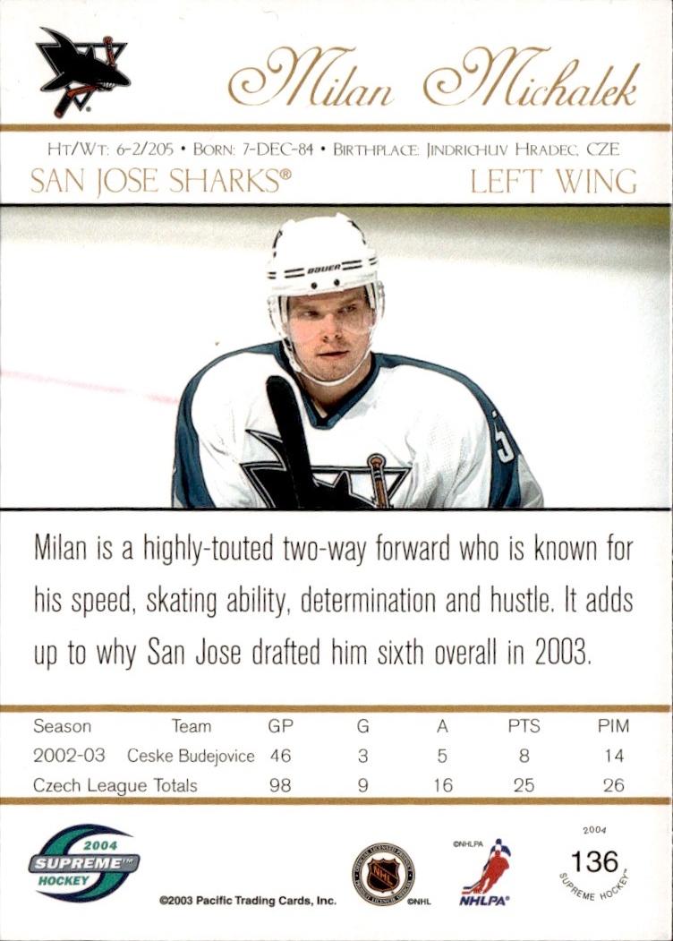 2003-04 Pacific Supreme Hockey Blue Rookie #/250 #136 San Jose Sharks (Milan Michalek)