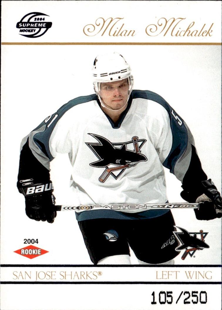 2003-04 Pacific Supreme Hockey Blue Rookie #/250 #136 San Jose Sharks (Milan Michalek)