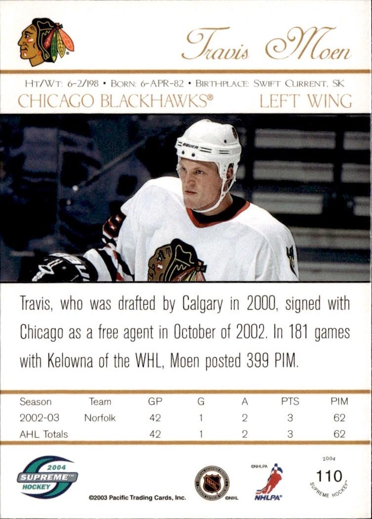 2003-04 Pacific Supreme Hockey Blue Rookie #/250 #110 Chicago Blackhawks (Travis Moen)