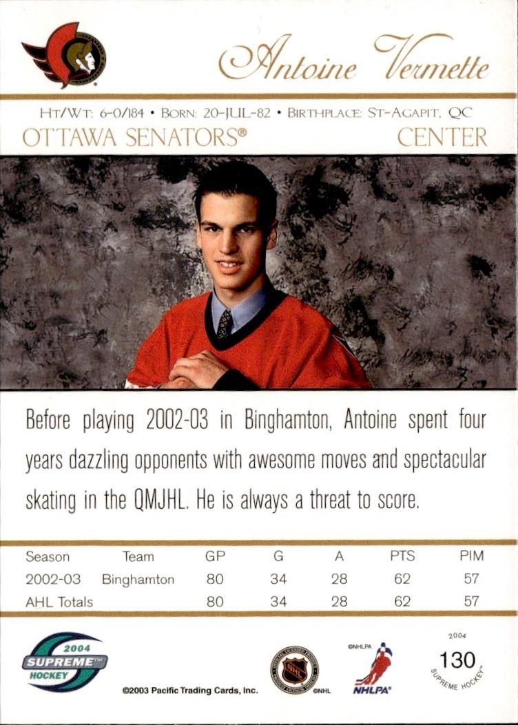2003-04 Pacific Supreme Hockey Red Rookie #/425 #130 Ottawa Senators (Antoine Vermette)