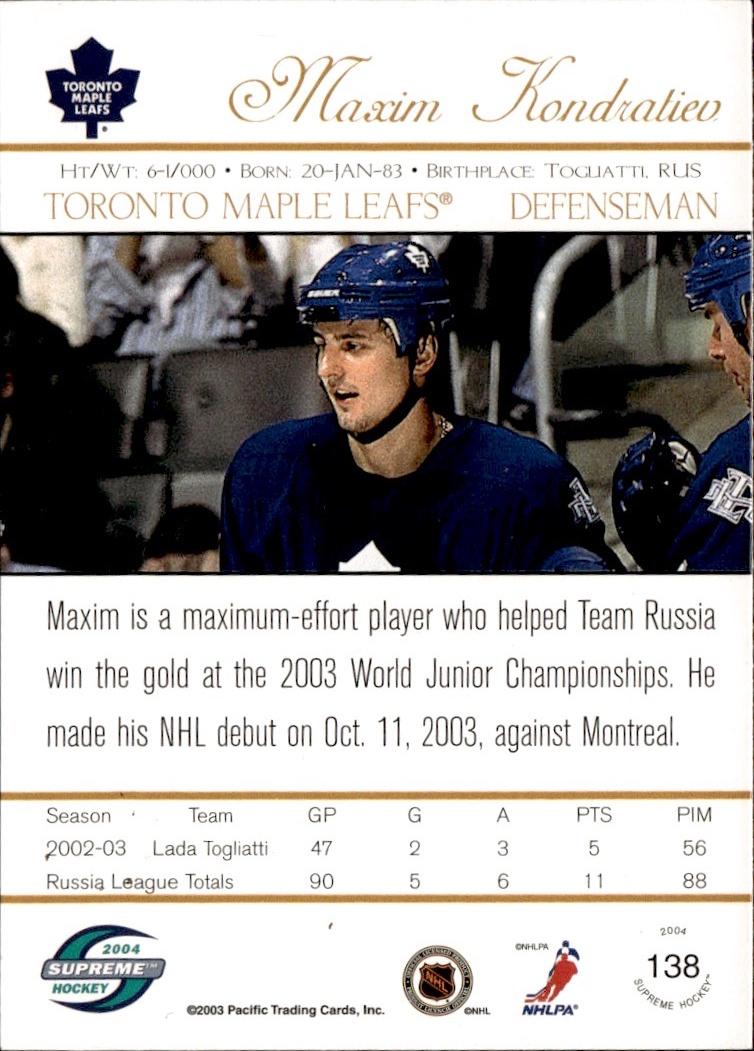2003-04 Pacific Supreme Hockey #/775 #138 Toronto Maple Leafs (Maxim Kondratiev)