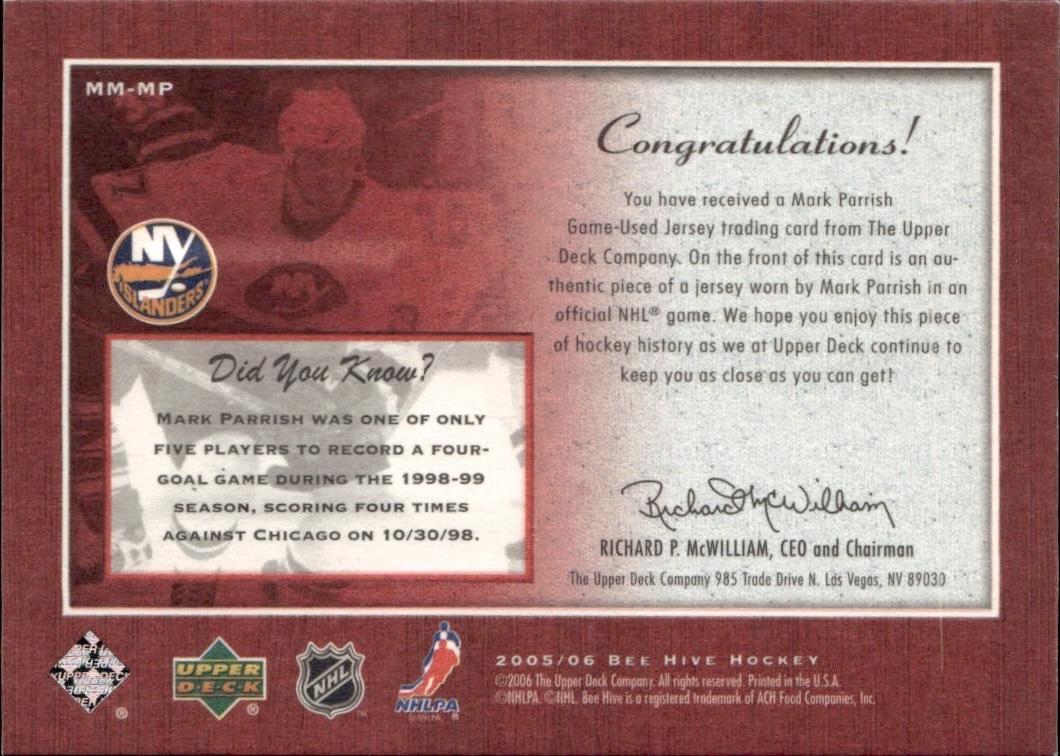2005-06 Upper Deck Beehive Hockey Matted Materials #MM-MP New York Islanders (Mark Parrish)