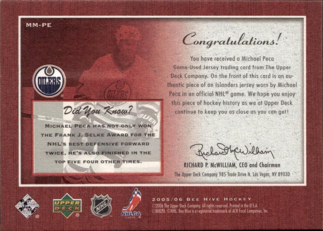 2005-06 Upper Deck Beehive Hockey Matted Materials #MM-PE Edmonton Oilers (Michael Peca)
