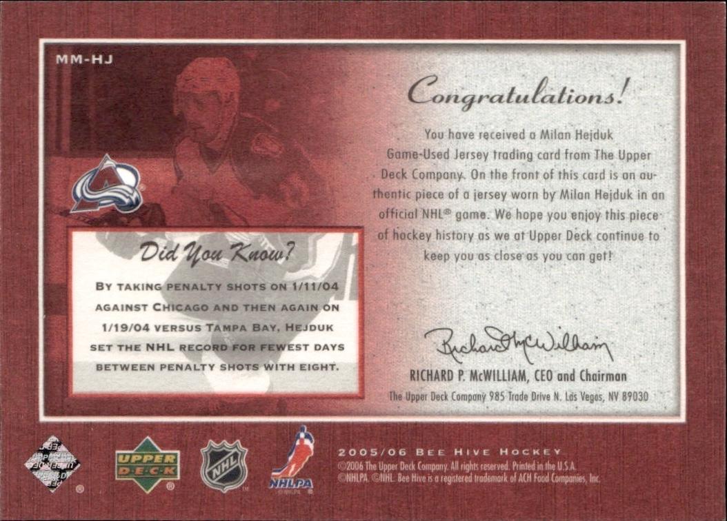 2005-06 Upper Deck Beehive Hockey Matted Materials #MM-HJ Colorado Avalanche (Milan Hejduk)