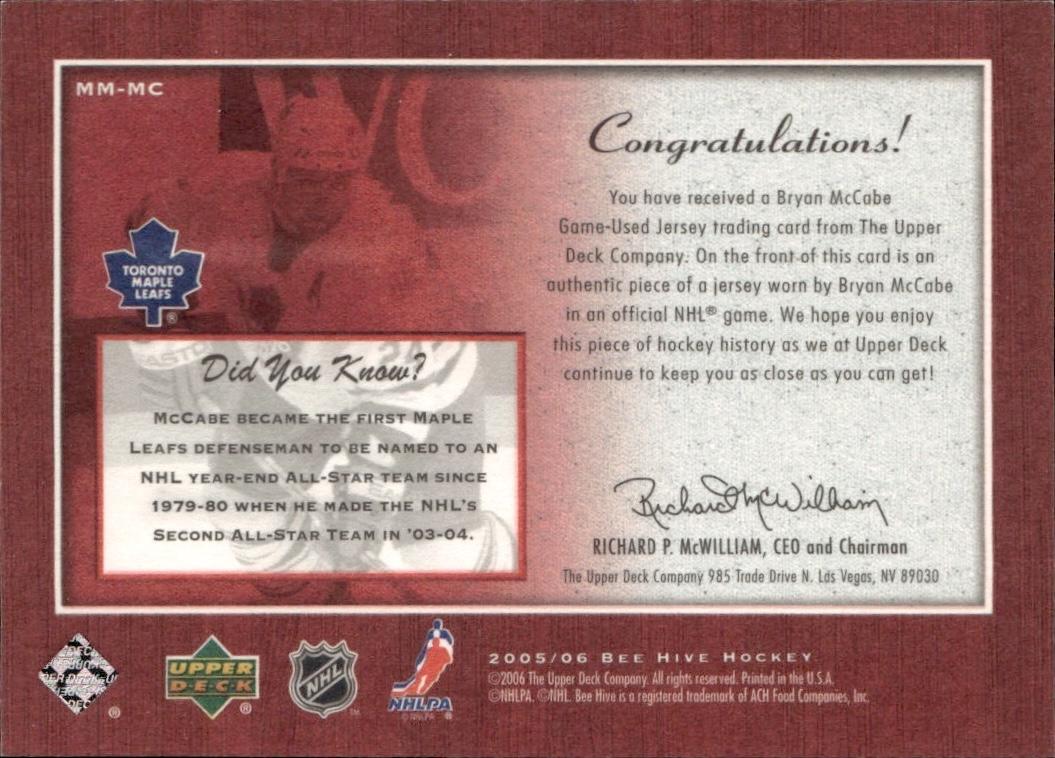 2005-06 Upper Deck Beehive Hockey Matted Materials #MM-MC Toronto Maple Leafs (Bryan McCabe)