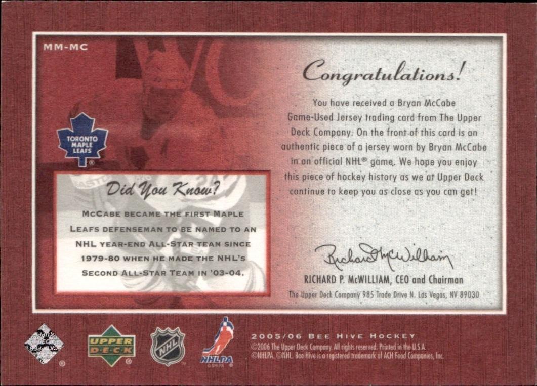 2005-06 Upper Deck Beehive Hockey Matted Materials #MM-MC Toronto Maple Leafs (Bryan McCabe)