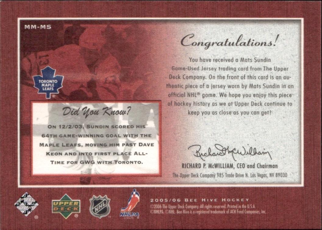 2005-06 Upper Deck Beehive Hockey Matted Materials #MM-MS Toronto Maple Leafs (Mats Sundin)
