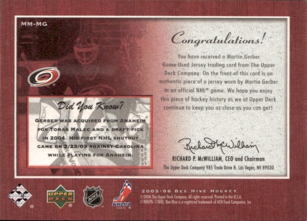 2005-06 Upper Deck Beehive Hockey Matted Materials #MM-MG Carolina Hurricanes (Martin Gerber)