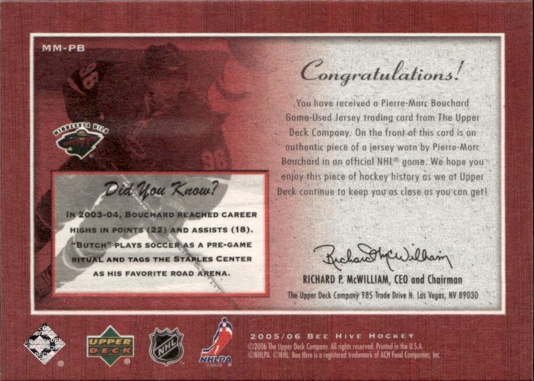 2005-06 Upper Deck Beehive Hockey Matted Materials #MM-PB Minnesota Wild (Pierre-Marc Bouchard)