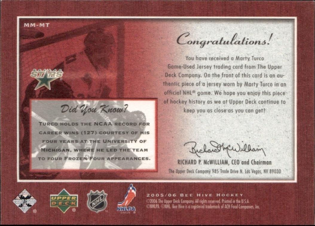 2005-06 Upper Deck Beehive Hockey Matted Materials #MM-MT Dallas Stars (Marty Turco)