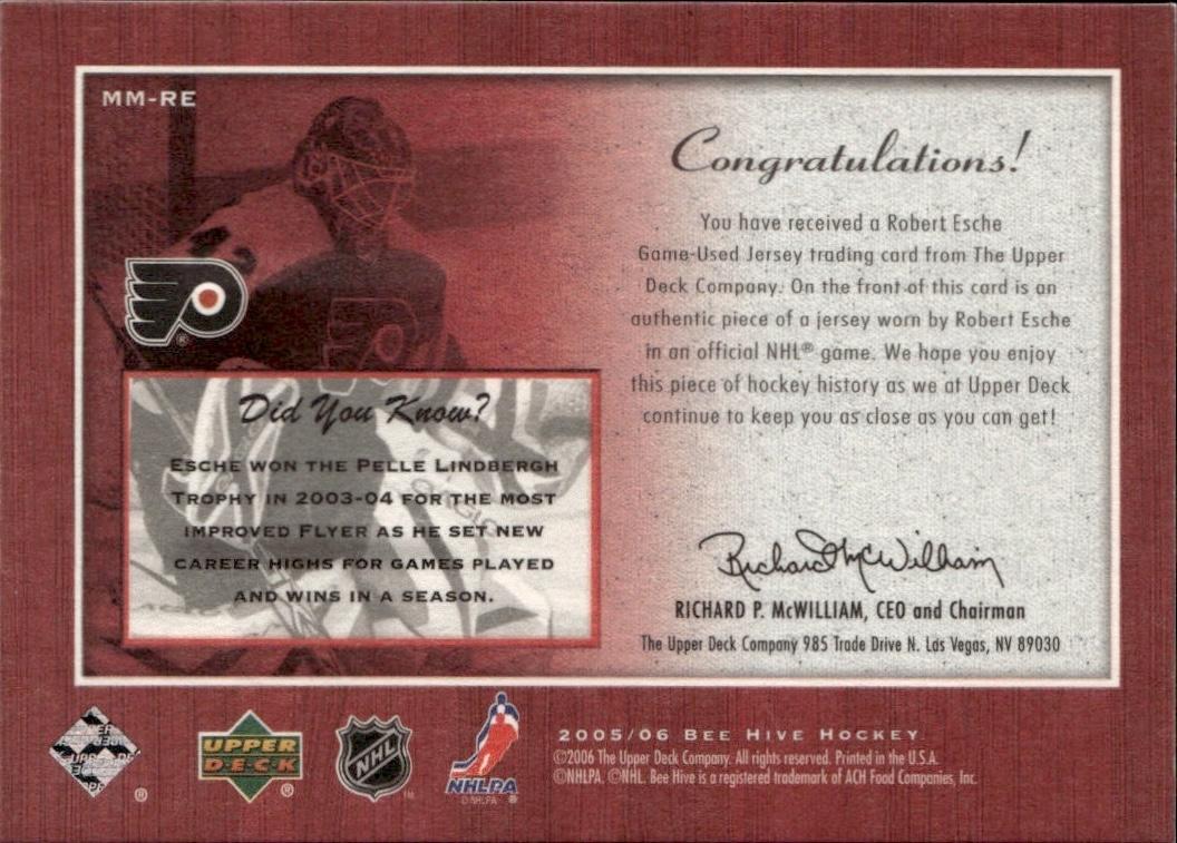 2005-06 Upper Deck Beehive Hockey Matted Materials #MM-RE Philadelphia Flyers (Robert Esche)