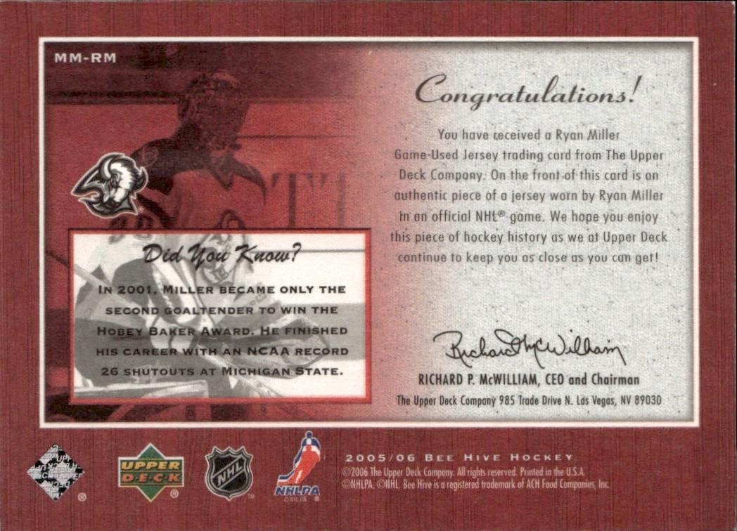 2005-06 Upper Deck Beehive Hockey Matted Materials #MM-RM Buffalo Sabres (Ryan Miller)