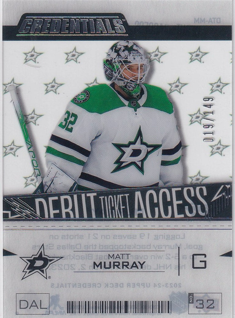 2023-24 Upper Deck Credentials Hockey Debut Ticket Access Acetate #/149 #DTA-MM Dallas Stars, Matt Murray