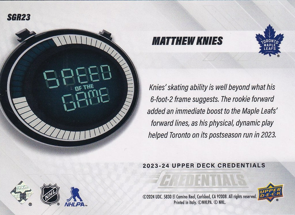 2023-24 Upper Deck Credentials Hockey Speed of the Game Rookies #SGR23 Toronto Maple Leafs, Matthew Knies