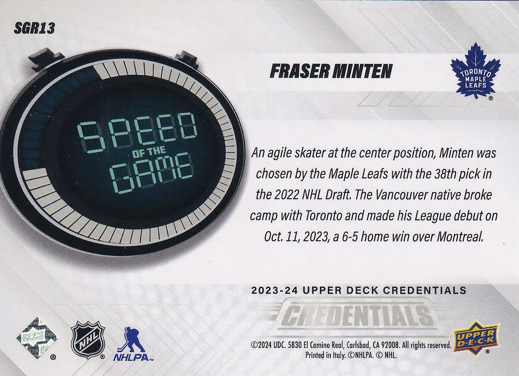 2023-24 Upper Deck Credentials Hockey Speed of the Game Rookies #SGR13 Toronto Maple Leafs, Fraser Minten