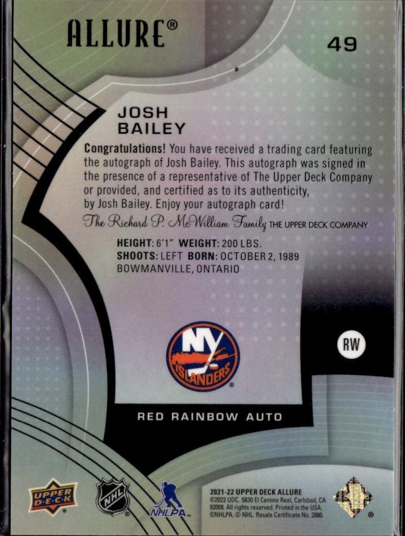 2021-22 Upper Deck Allure Hockey Autographs Red Rainbow #49 New York Islanders (Josh Bailey)