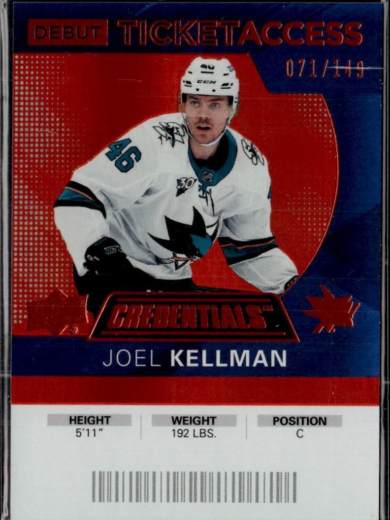 2021-22 Upper Deck Credentials Hockey 2020-21 Debut Ticket Access Orange #/149 #60 San Jose Sharks (Joel Kellman)