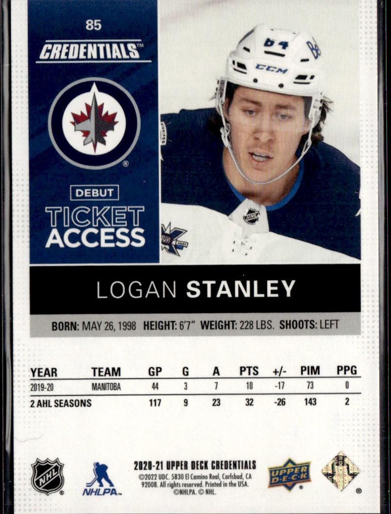 2021-22 Upper Deck Credentials Hockey 2020-21 Debut Ticket Access #/999 #85 Winnipeg Jets (Logan Stanley)