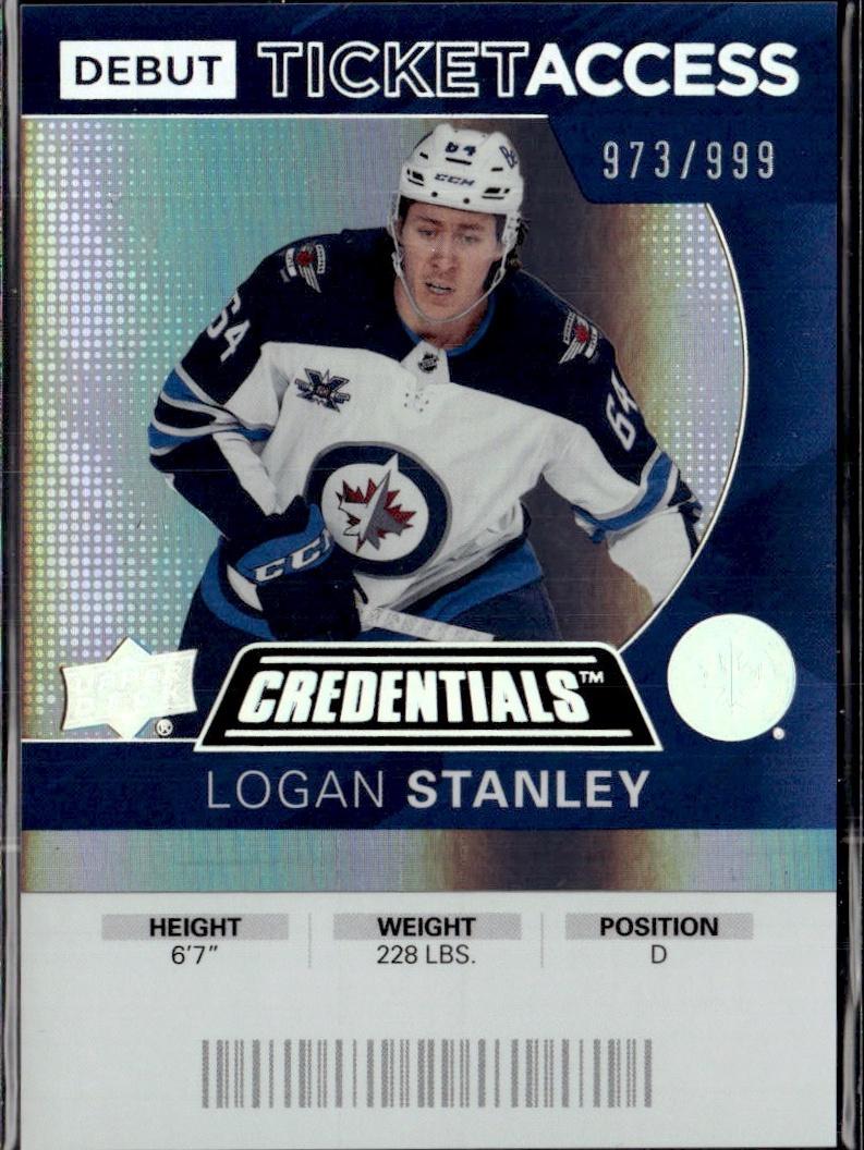 2021-22 Upper Deck Credentials Hockey 2020-21 Debut Ticket Access #/999 #85 Winnipeg Jets (Logan Stanley)
