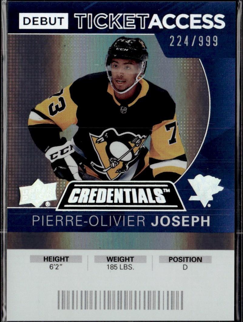 2021-22 Upper Deck Credentials Hockey 2020-21 Debut Ticket Access #/999 #116 Pittsburgh Penguins (Pierre-Olivier Joseph)