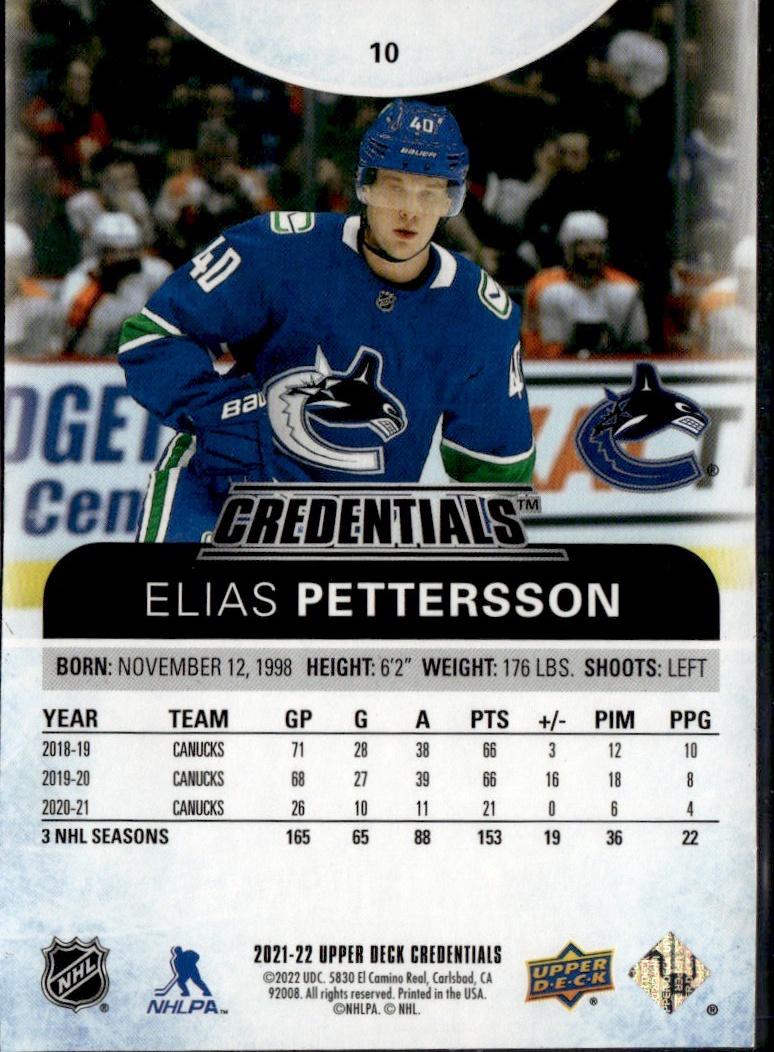 2021-22 Upper Deck Credentials Hockey Red #/199 #10 Vancouver Canucks (Elias Pettersson)