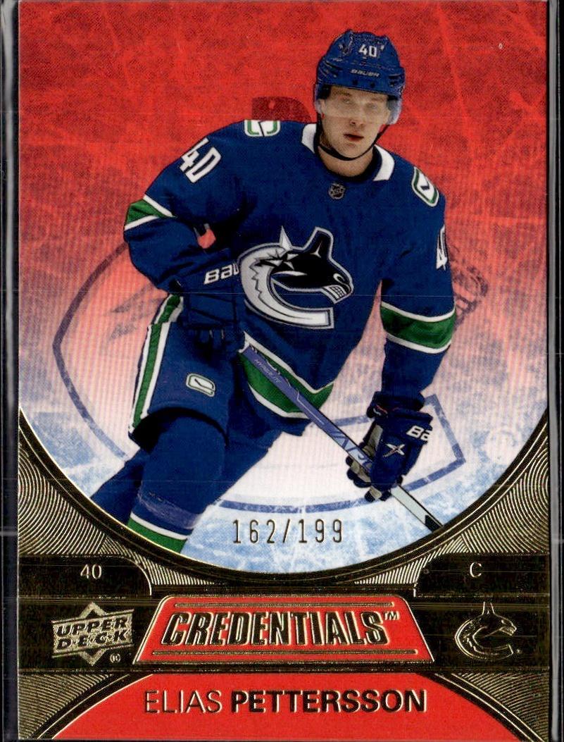 2021-22 Upper Deck Credentials Hockey Red #/199 #10 Vancouver Canucks (Elias Pettersson)