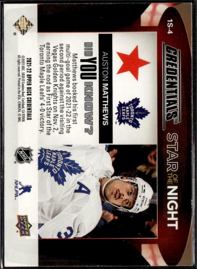 2021-22 Upper Deck Credentials Hockey Star of the Night: First Star #1S-4 Toronto Maple Leafs (Auston Matthews)