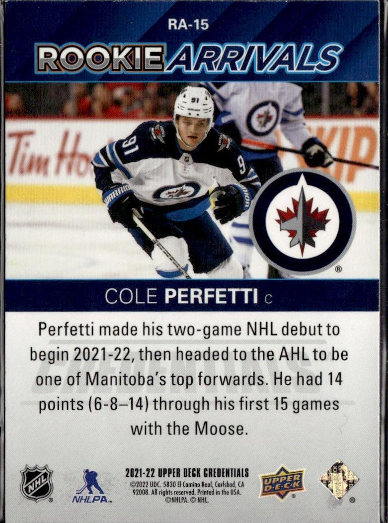 2021-22 Upper Deck Credentials Hockey Rookie Arrivals #RA-15 Winnipeg Jets (Cole Perfetti)