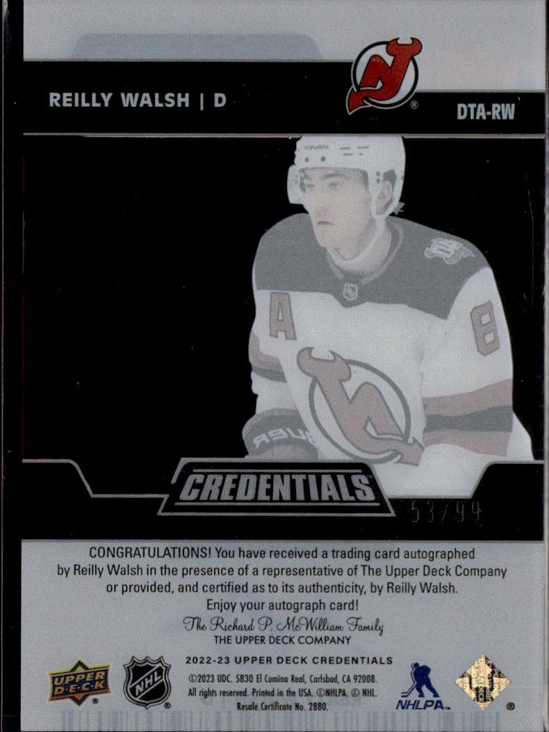 2022-23 Upper Deck Credentials Hockey Debut Ticket Access Acetate #/99 #DTA-RW New Jersey Devils (Reilly Walsh)