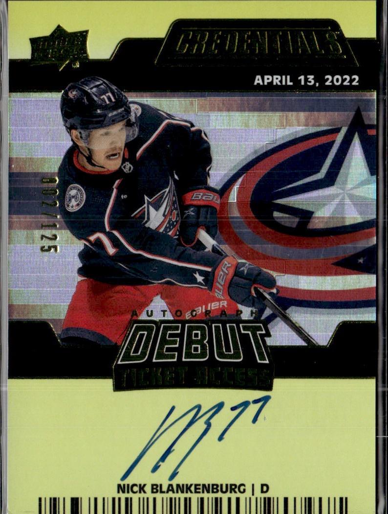 2022-23 Upper Deck Credentials Hockey Debut Ticket Access Autographs Yellow #/125 #DTAA-NB Columbus Blue Jackets (Nick Blankenburg)