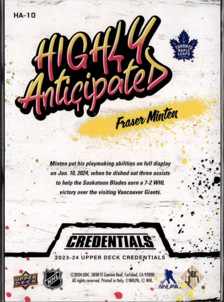 2023-24 Upper Deck Credentials Hockey Highly Anticipated #HA-10 Toronto Maple Leafs (Fraser Minten)