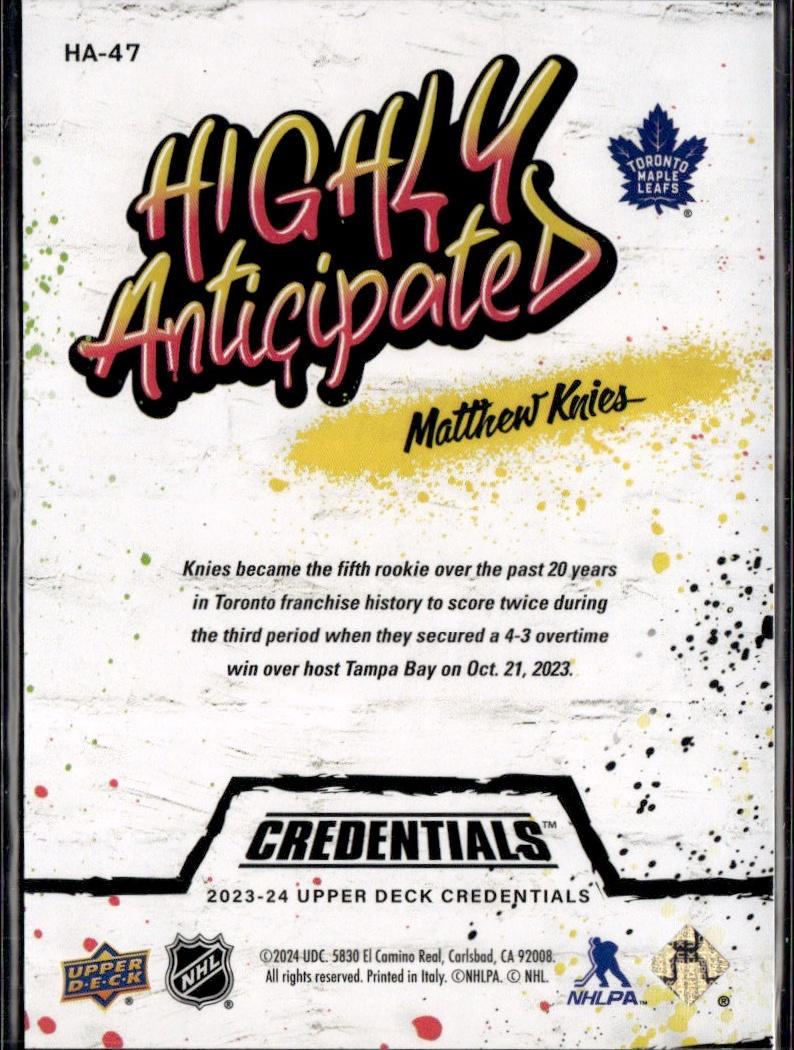 2023-24 Upper Deck Credentials Hockey Highly Anticipated #HA-47 Toronto Maple Leafs (Matthew Knies)