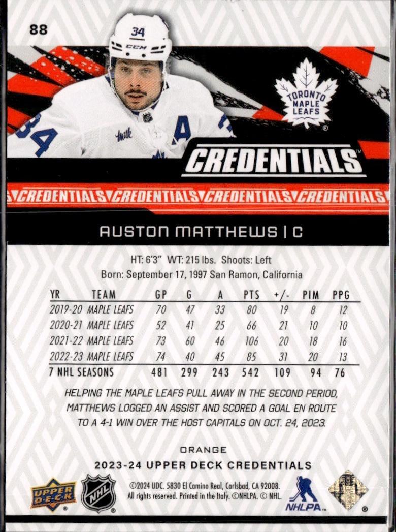 2023-24 Upper Deck Credentials Hockey Orange Parallel /249 #88 Toronto Maple Leafs (Auston Matthews)