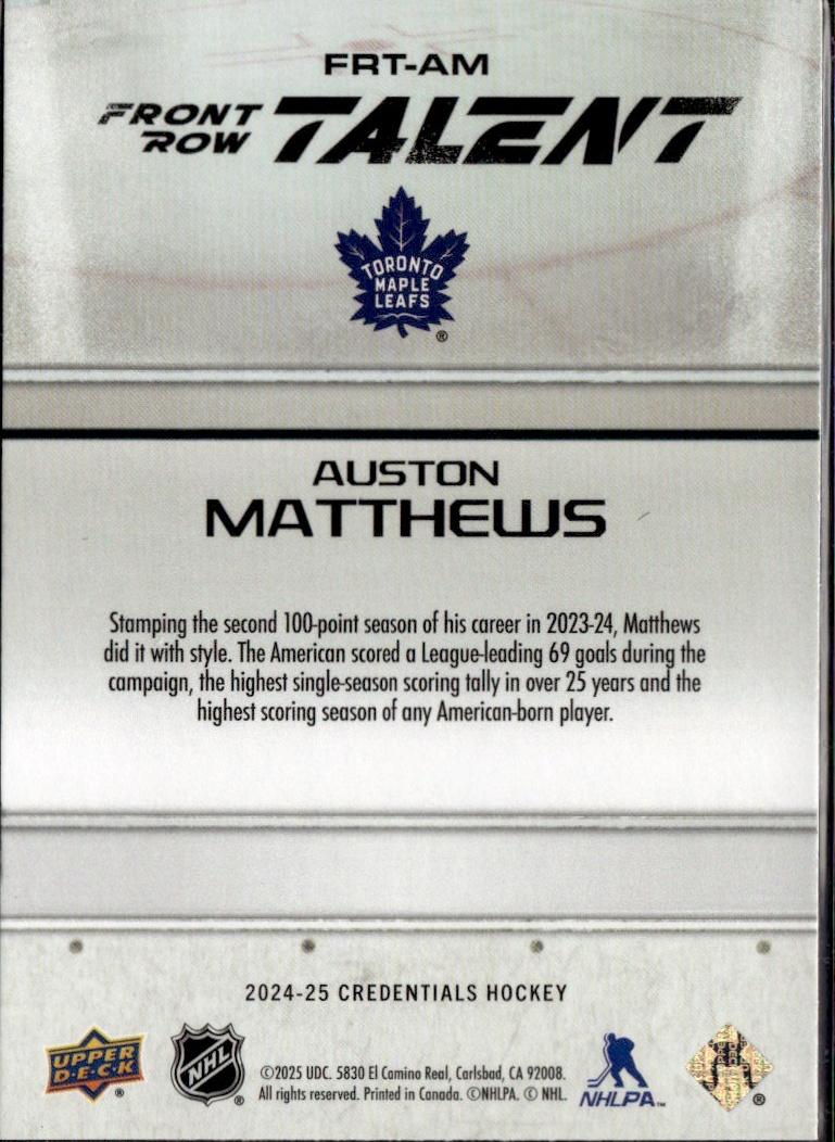 2024-25 Upper Deck Credentials Hockey Front Row Talent #FRT-AM Toronto Maple Leafs (Auston Matthews)
