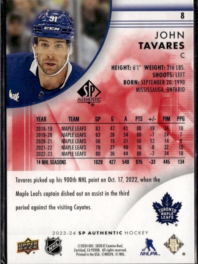 2023-24 SP Authentic Hockey Limited Red #8 Toronto Maple Leafs, John Tavares