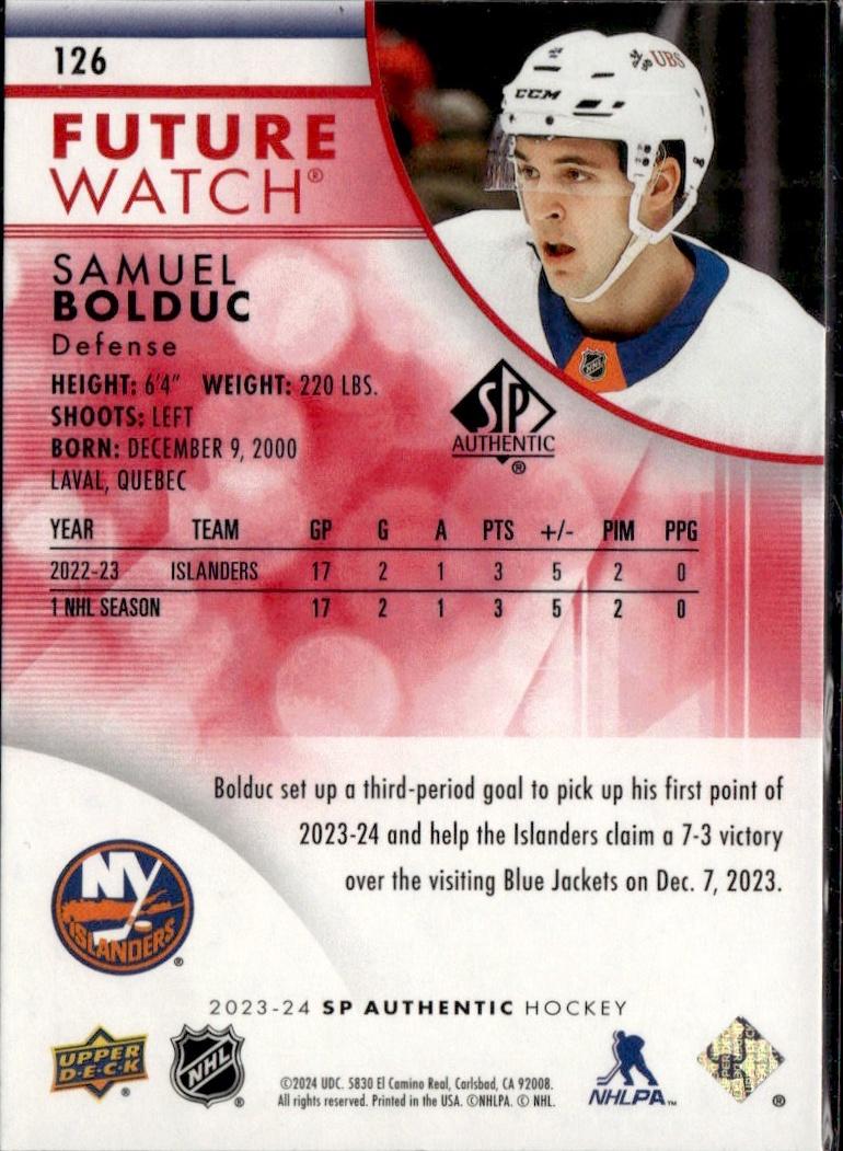2023-24 SP Authentic Hockey Limited Red #126 New York Islanders, Samuel Bolduc