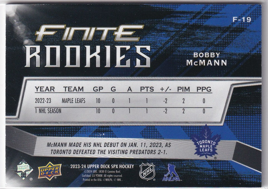 2023-24 SPx Hockey Finite Rookies Platinum #/199 #F-19 Toronto Maple Leafs, Bobby McMann