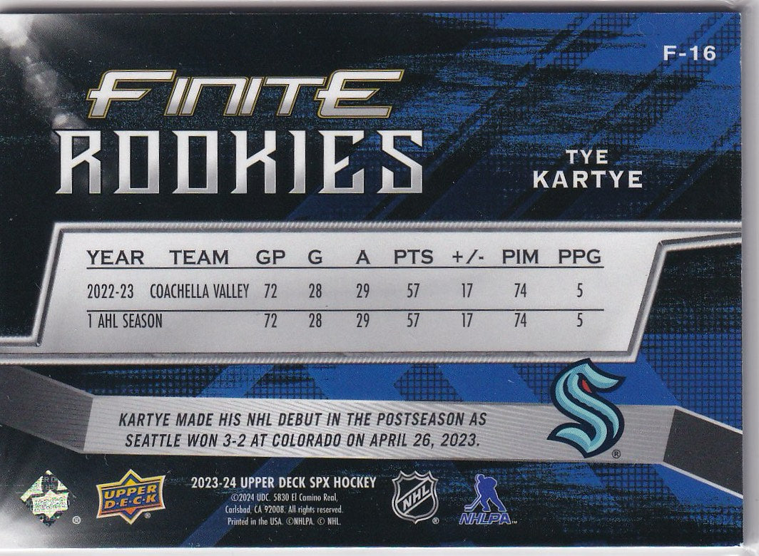 2023-24 SPx Hockey Finite Rookies Green #/199 #F-16 Seattle Kraken, Tye Kartye