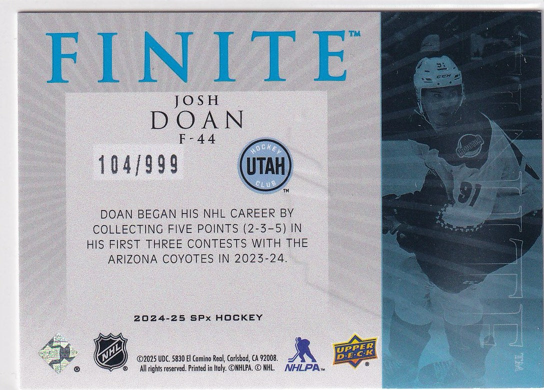 2024-25 SPx Hockey Finite /999 #F-44 Arizona Coyotes, Josh Doan